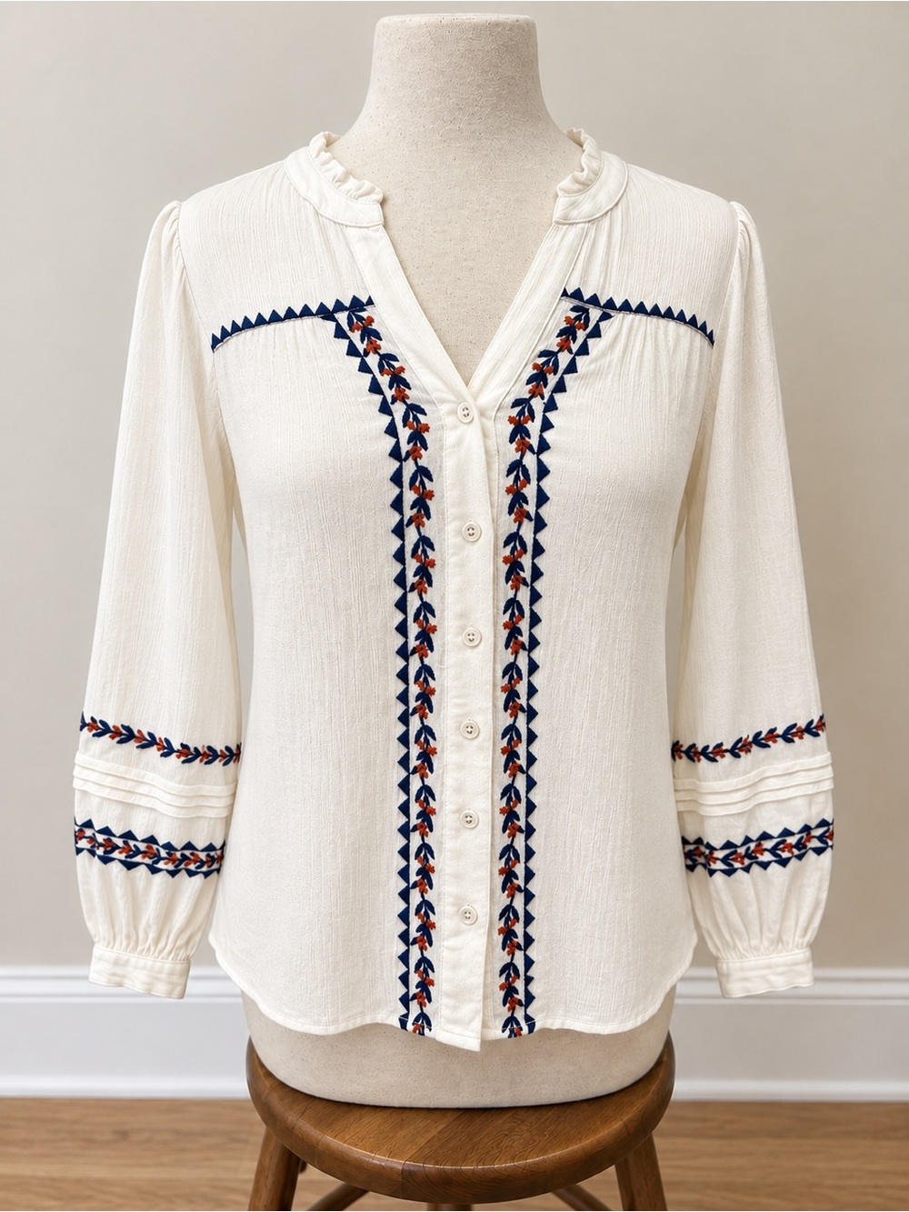 Cream Embroidered Button-Down Blouse with Navy & Rust Trim